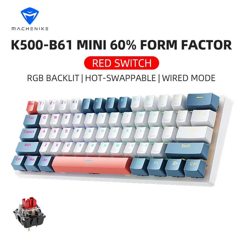 K500-B61 Machenike Mini Mechanical Keybaord 60% Form Factor 61Keys Gaming Keybaord Wired Full Key Hot-Swappable RGB Backlit