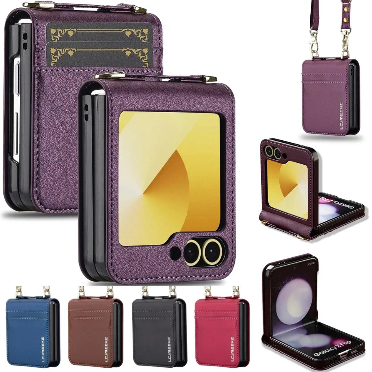 Crossbody Cards Solt Wallet Leather Case For Samsung Galaxy Z Flip 8 7 FE 6 5 4 3 5G Flip6 Flip7 Hand Strap Lanyard Pocket Cover