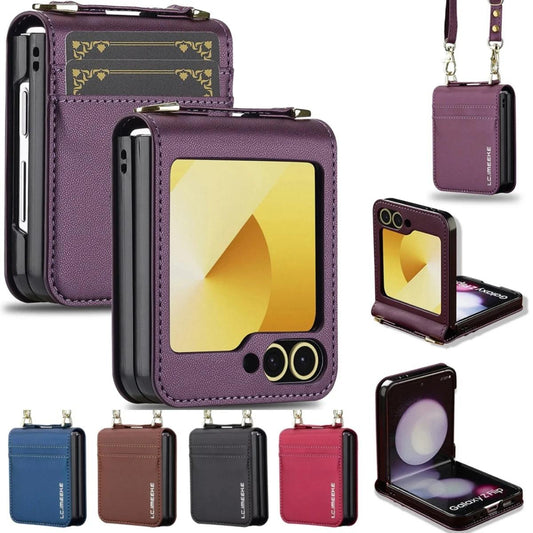 Crossbody Cards Solt Wallet Leather Case For Samsung Galaxy Z Flip 8 7 FE 6 5 4 3 5G Flip6 Flip7 Hand Strap Lanyard Pocket Cover