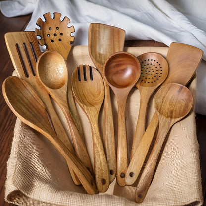 10-Piece Solid Wood Kitchen Utensil Set – Non-Stick Safe Cooking Tools