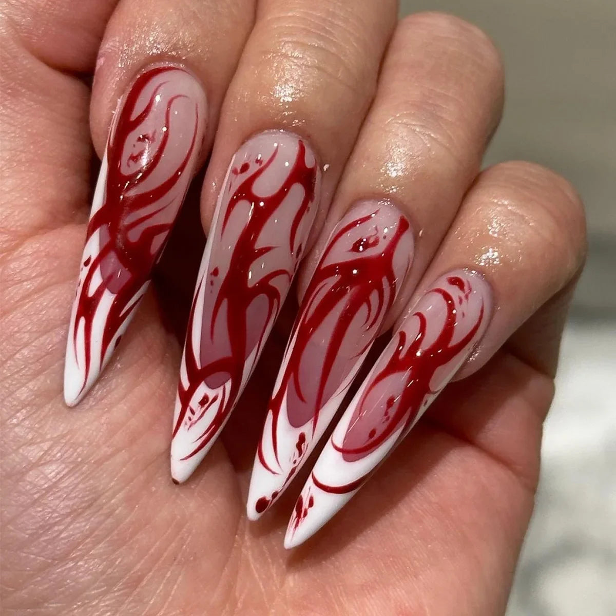 Halloween Purple Glitter Bloody Ripple Long Pointed False Nails – Extra Long Press On Nails
