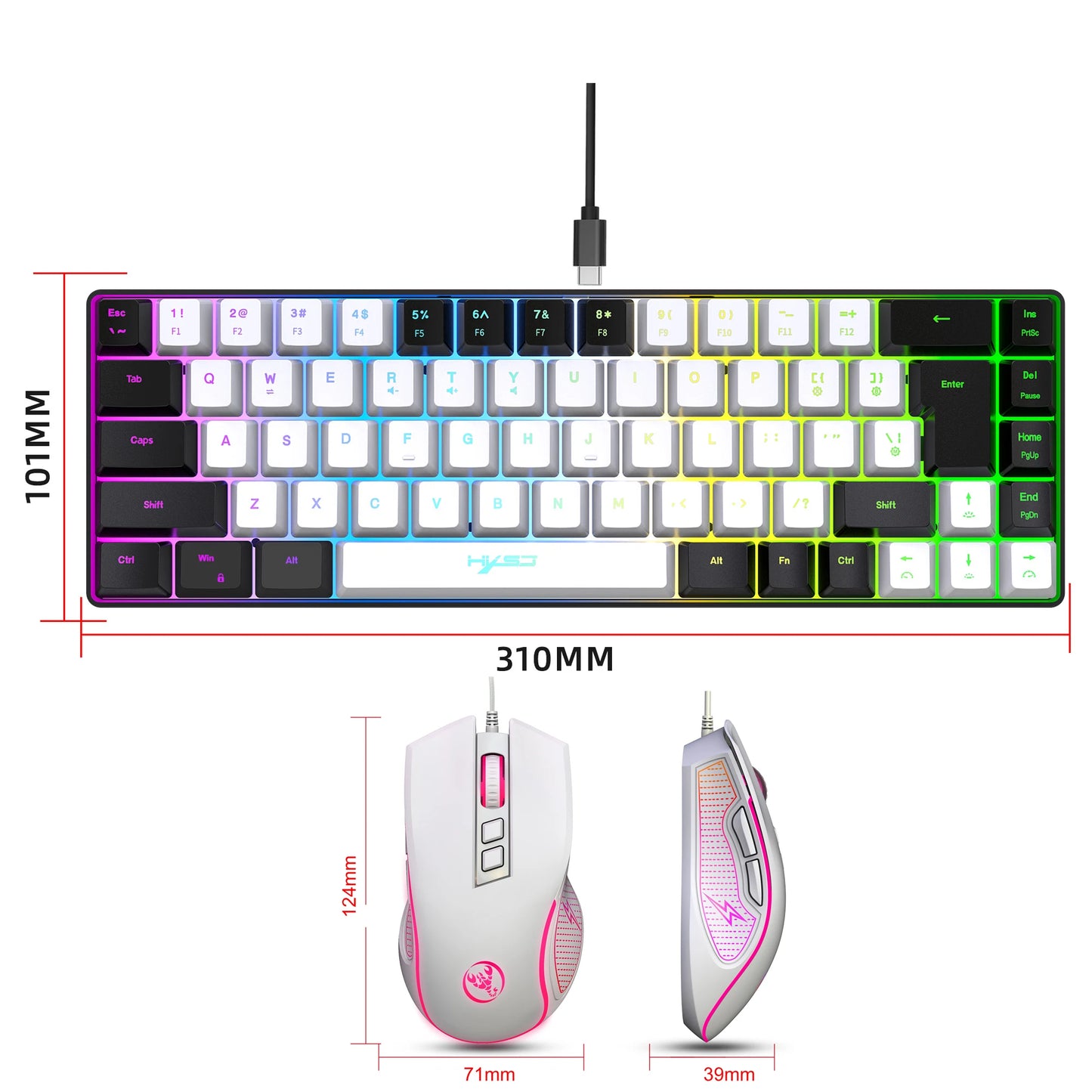 2024 Newest HXSJ mini V200 68 keys mechanical feel keyboard compact RGB luminous gaming mouse and keyboard combos for pc gaming