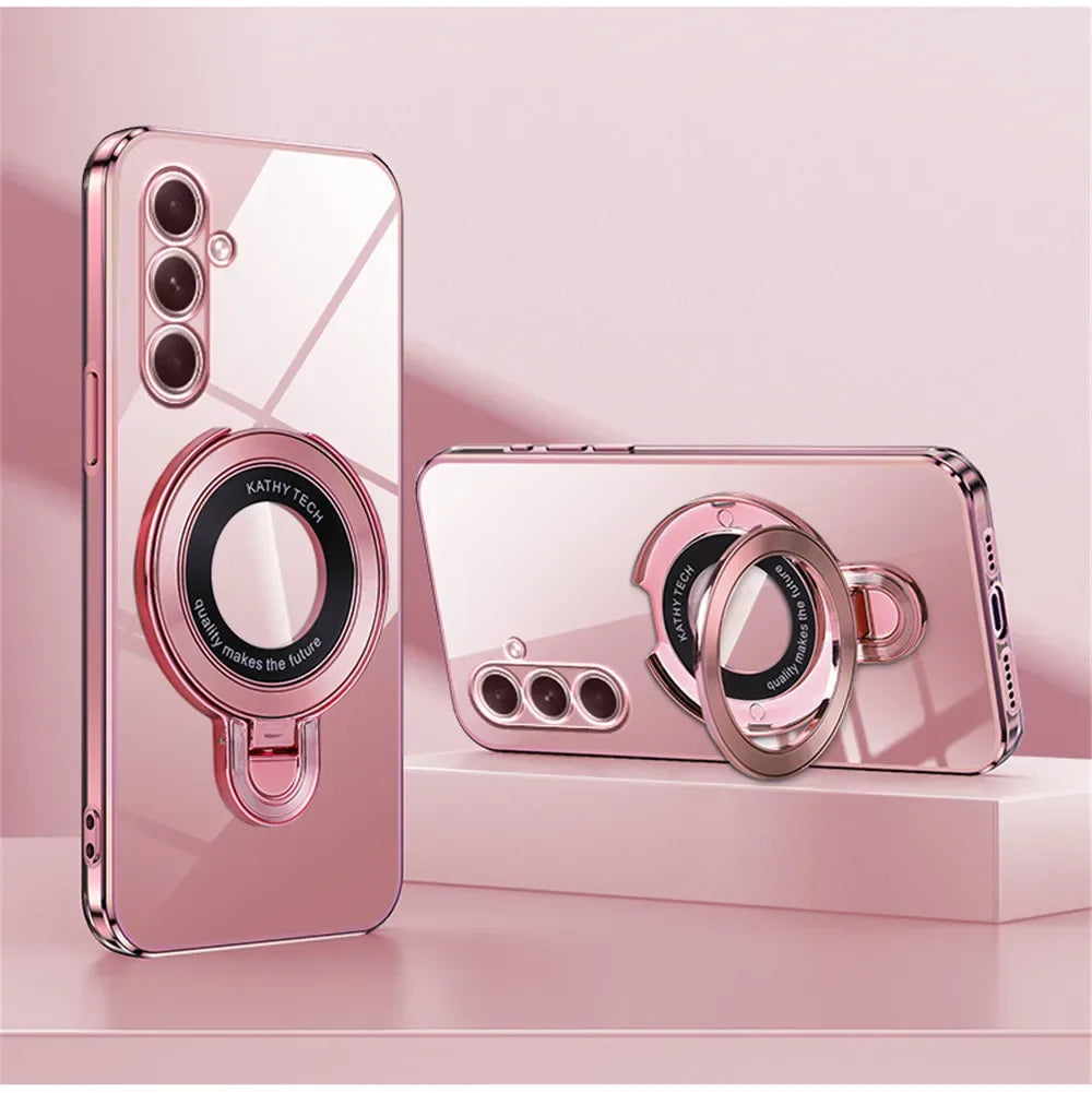 Luxury Transparent Plating Magnetic Bracket Case For Samsung A16 A06 A56 A26 A36 A55 A15 A35 A54 A24 A34 A14 A05S Stand Cover