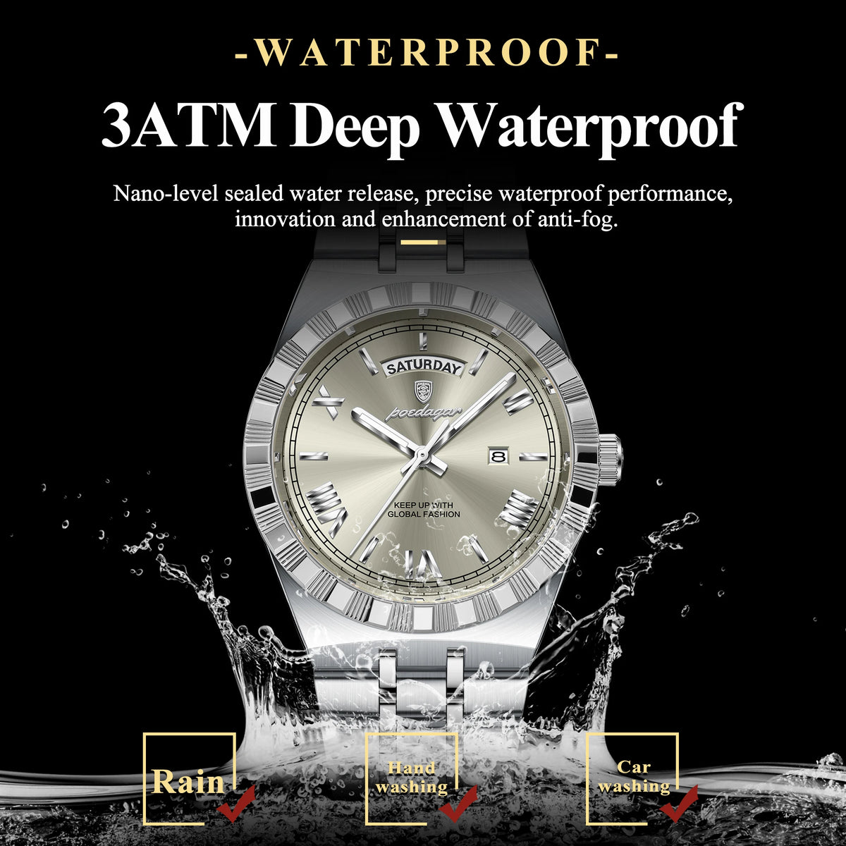 POEDAGAR Luxury Business Man Watch Week Date Waterproof Luminous Watches For Men Stainless Steel Quartz Fashion Men's Wristwatch