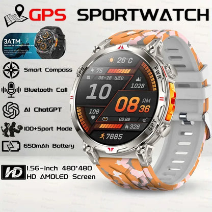 Military Grade Smart Watch Men GPS Compass Altimeter Clock 1.56" AMOLED 5ATM Waterproof Sport Fitness Tracker BT Call Smartwatch - Urbizia