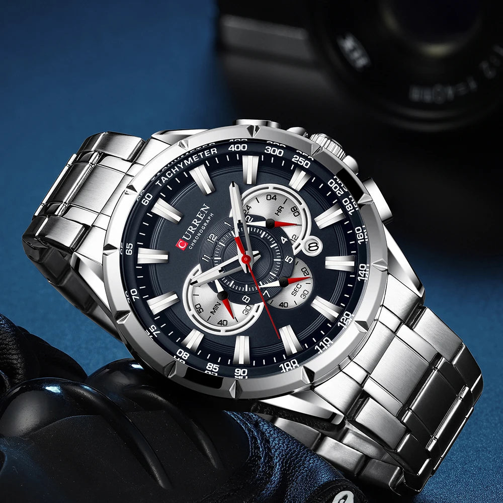 CURREN 8363 Casual Sport Chronograph Men's Watches Stainless Steel Band Wristwatch Big Dial Quartz Clock with Luminous Pointers