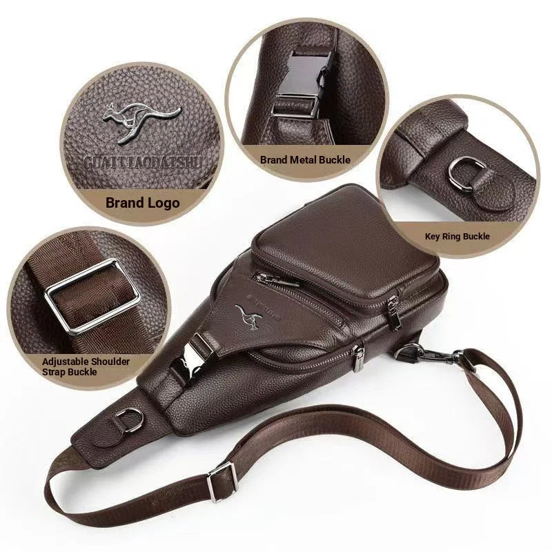 Minimalist Men's Sling Chest Bag, Pu Leather Small Crossbody Bag Ultra-Light Daypack Black/Brown Travel Chest Pack for Men