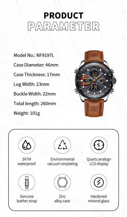 2022 NAVIFORCE Sport Watches for Men Strong Luminous Dual Display Waterproof Quartz Genuine Leather Wristwatch Relogio Masculino