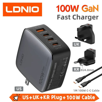 LDNIO 100W Charger Gan Fast Charge Type C USB Charging Station Phone Tablet Laptop Macbook Portable Charger EU UK US Plug Adapte - Urbizia
