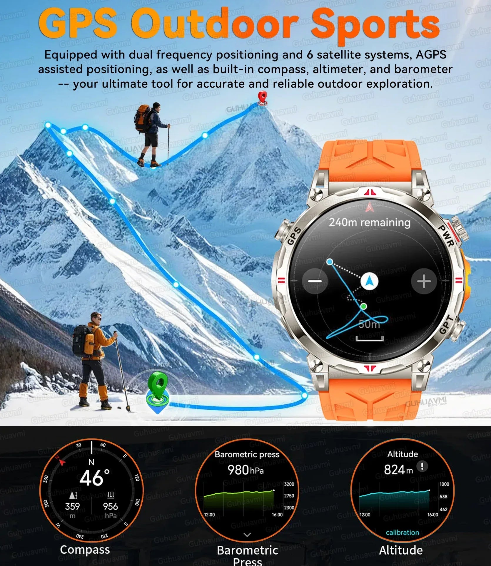 Military Grade Smart Watch Men GPS Compass Altimeter Clock 1.56" AMOLED 5ATM Waterproof Sport Fitness Tracker BT Call Smartwatch - Urbizia