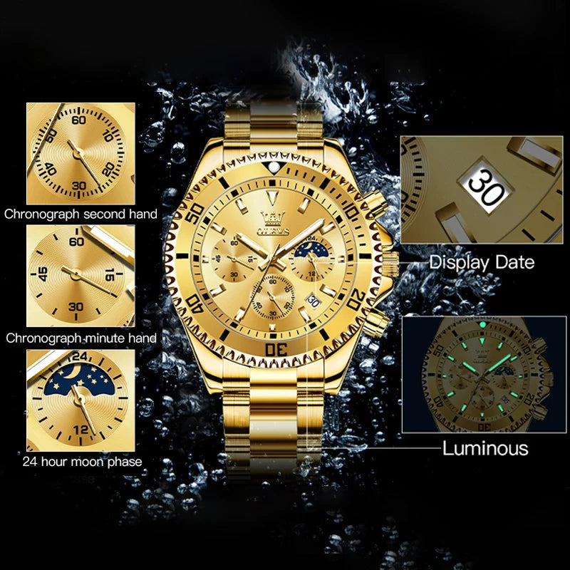 OLEVS 2870 Men's Watch Top Brand Luxury Watch for Men Original Waterproof Stainless Steel Chronograph Moon Phase Date Rota Dial