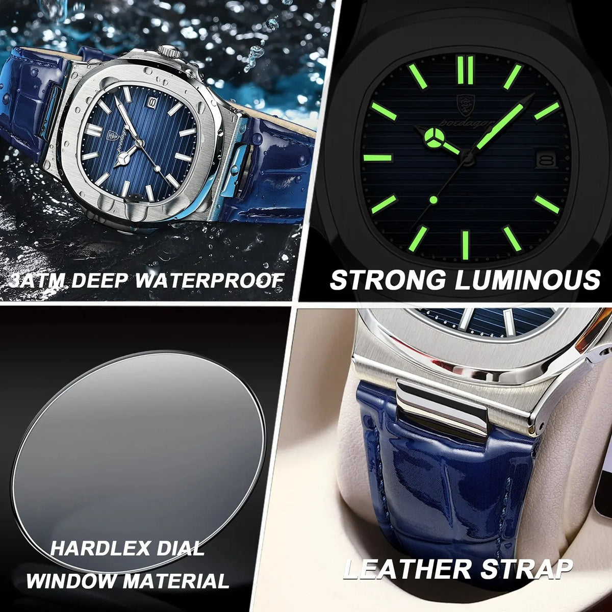 POEDAGAR Casual Square Men's Watch Waterproof Date Luminous Leather Man Quartz Watch High Quality Luxury Fashion Watches For Men