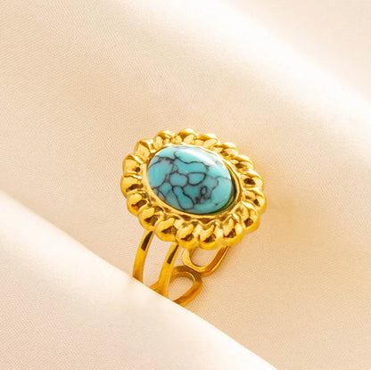 Turquoise Finger Jewelry Long Oval Sun Heart Water Drop Stainless Steel Rings For Women Men Accessories Gold Plated Open Anillos