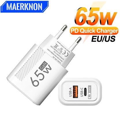 65W GaN USB C Fast Charger QC3.0 EU/US Plug Phone Charger Adapter For iPhone Samsung Xiaomi Quick Charging Type C Wall Charger