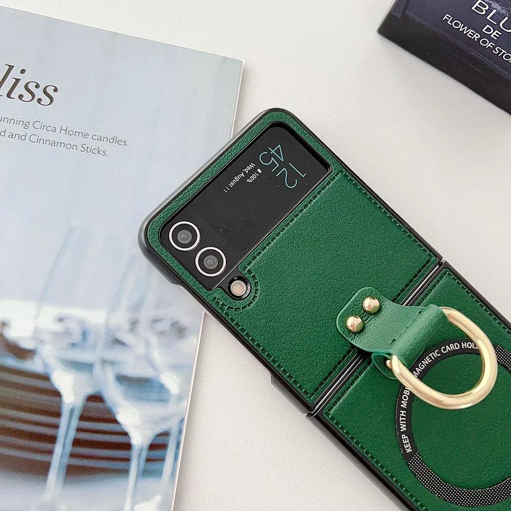 PU Leather Phone Cover for Samsung Galaxy Z Flip 7 FE 6 5 4 3 Case with Ring Holder for Magsafe Magnetic Wireless Charge Flip6