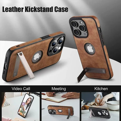 PU Leather Phone Case with Kickstand for iPhone 17 16 15 Pro Max 14 Plus 13 12 11 Mini Soft Grip Luxury Back Cover with Stand