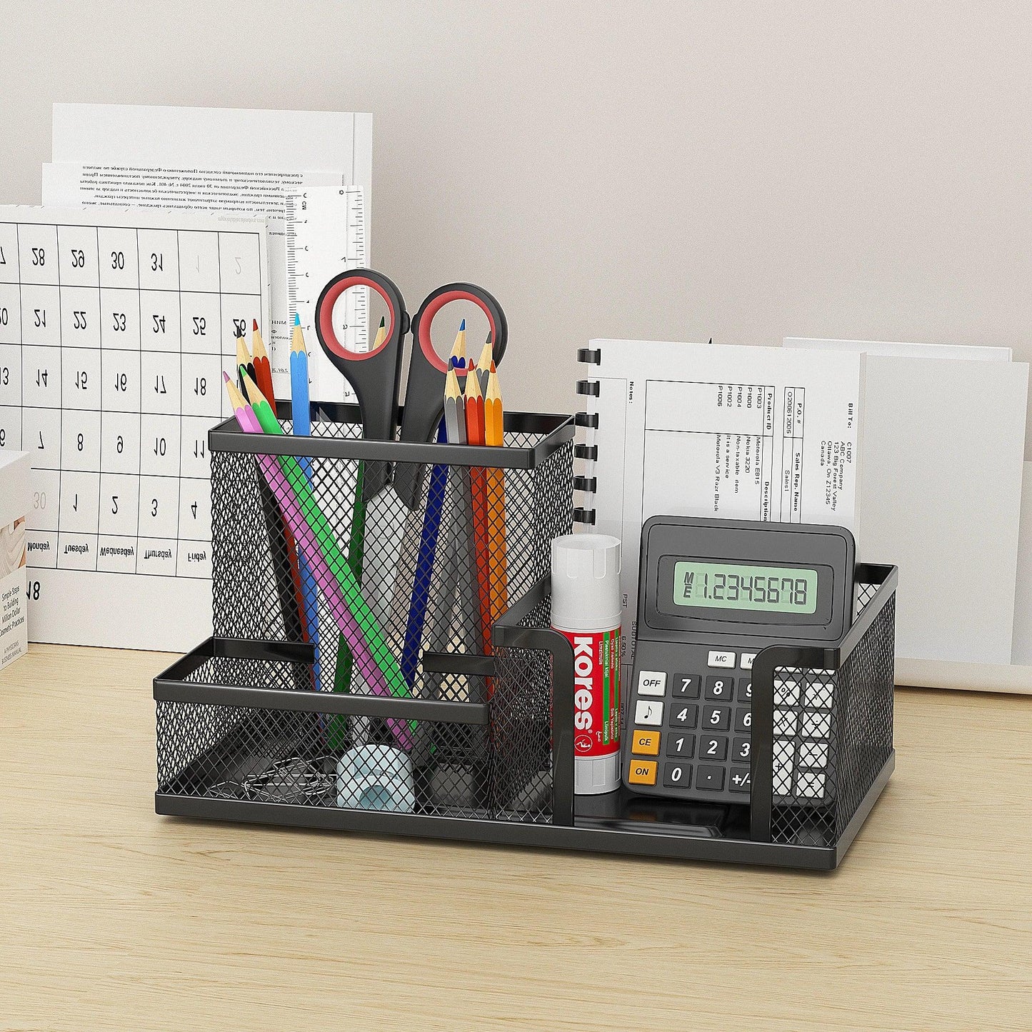 Mesh Desk Organizer Office Supplies Caddy with Pencil Holder and Storage Baskets for Desktop Accessories, 3 Compartments, Black - Urbizia