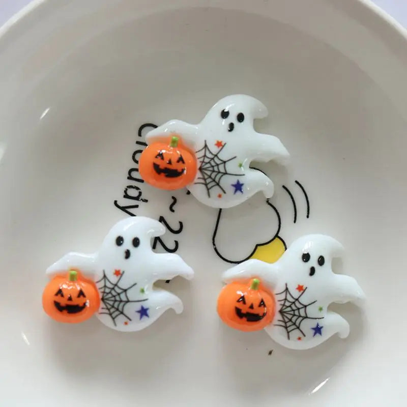 10Pcs Resin Halloween Ghosts, Skeletons & Pumpkins – Flat Back Embellishments