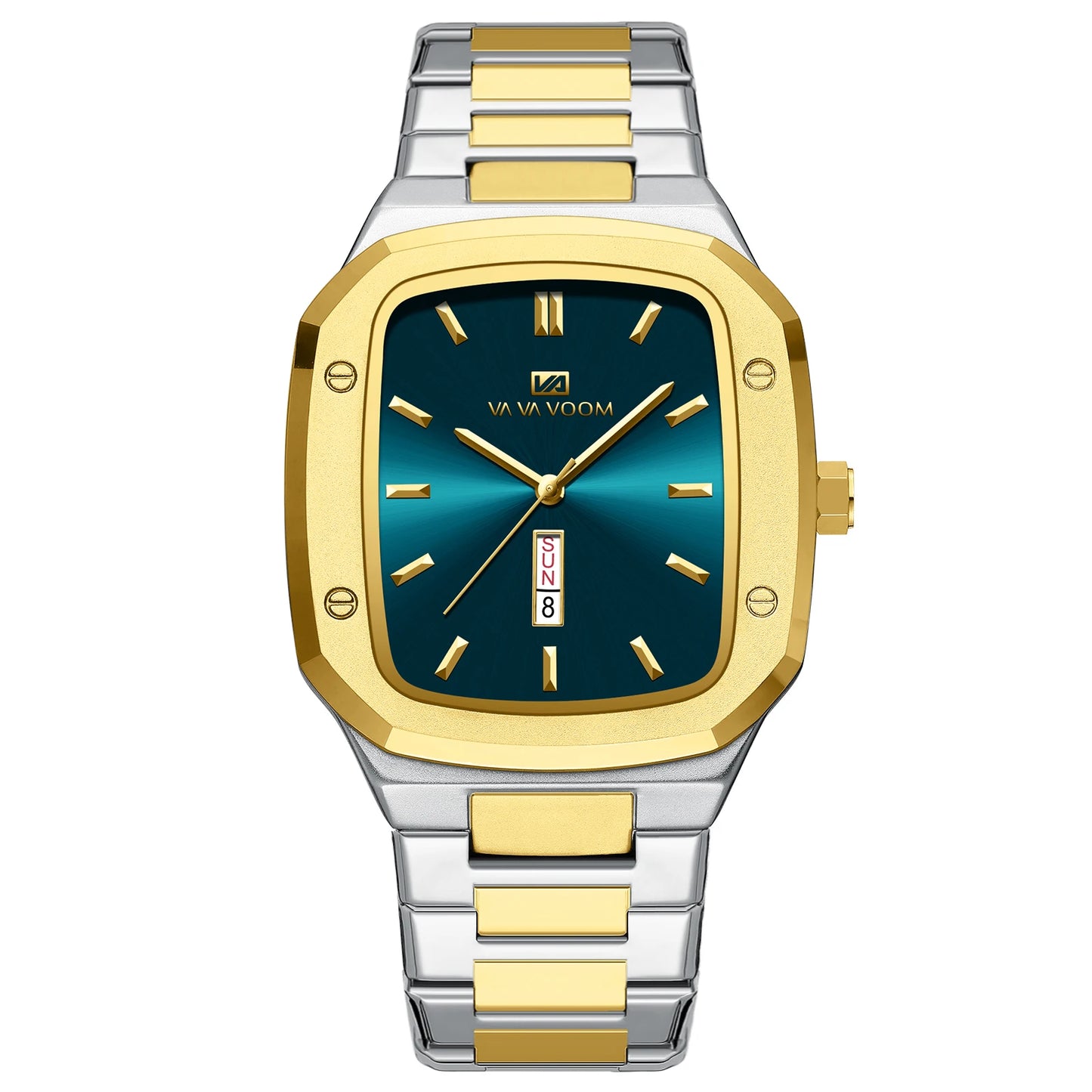 2024 New Men Watch Fashion Square Stainless Steel Strap Blue Gold 3Bar Quartz Week Calendar Simulated Business Sports WristWatch