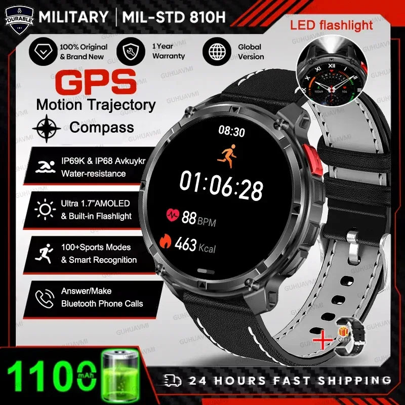Men 1100mAh Ultra Durable Battery Smart Watch GPS Compass IP69K Waterproof BT Call 100+ Sport Mode Flashlight Sports Smartwatch - Urbizia