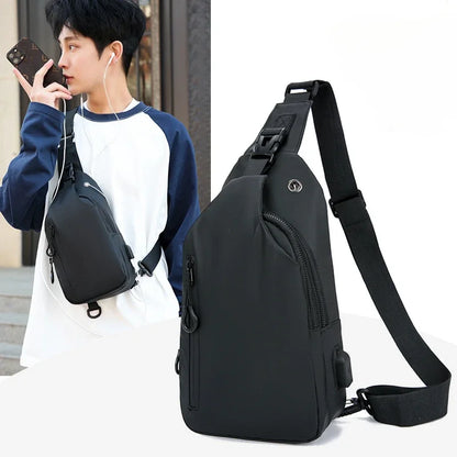 Men Bag Fashion New Solid Color Men Chest Bag Outdoor Casual Fashion One Shoulder Crossbody Bag Nylon USB Charging Shoulder Bags
