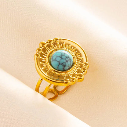 Turquoise Finger Jewelry Long Oval Sun Heart Water Drop Stainless Steel Rings For Women Men Accessories Gold Plated Open Anillos