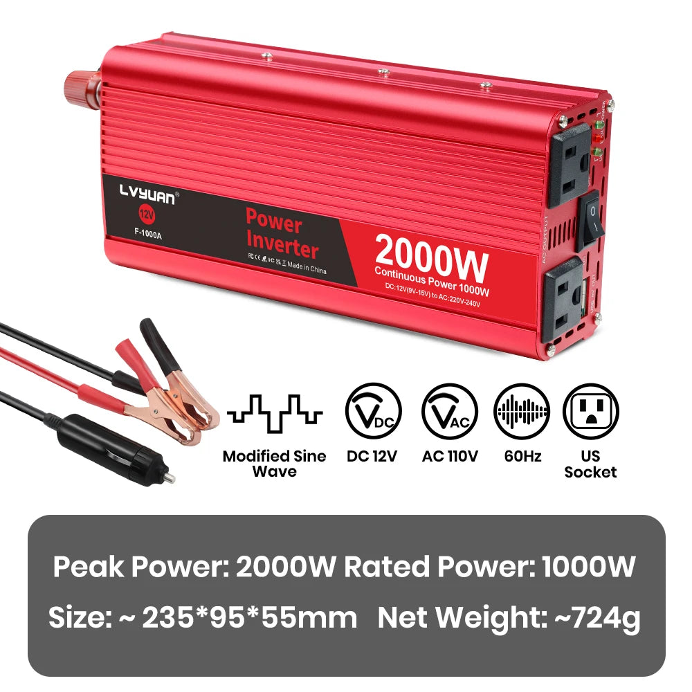 2600W 2000W 1500W LVYUAN Power Inverter 12V 110V 60Hz Car Inverter Dual US Sockets&USB Output Camping/Traval/RV Power Supply