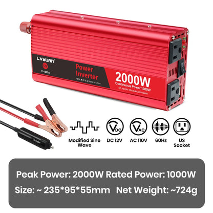 2600W 2000W 1500W LVYUAN Power Inverter 12V 110V 60Hz Car Inverter Dual US Sockets&USB Output Camping/Traval/RV Power Supply