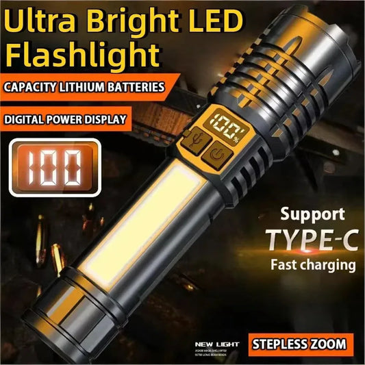 High Power LED Flashlight Type-C Rechargeable Waterproof Torch with COB Side Light Portable Zoom Camping Hiking Outdoor Lamp - Urbizia