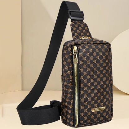 Brown Classic Plaid Pattern Chest Bag, Multi-zip Spacious Sling Purse Fits Phone, Makeup and Small Daily Essentials