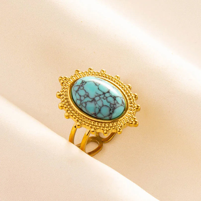 Turquoise Finger Jewelry Long Oval Sun Heart Water Drop Stainless Steel Rings For Women Men Accessories Gold Plated Open Anillos