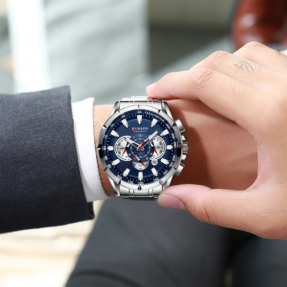 CURREN 8363 Casual Sport Chronograph Men's Watches Stainless Steel Band Wristwatch Big Dial Quartz Clock with Luminous Pointers
