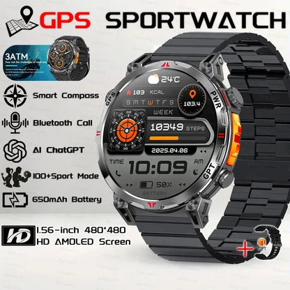 Military Grade Smart Watch Men GPS Compass Altimeter Clock 1.56" AMOLED 5ATM Waterproof Sport Fitness Tracker BT Call Smartwatch - Urbizia
