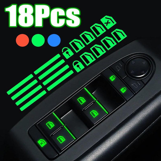Luminous Car Door Window Button Stickers – 18-Piece Set