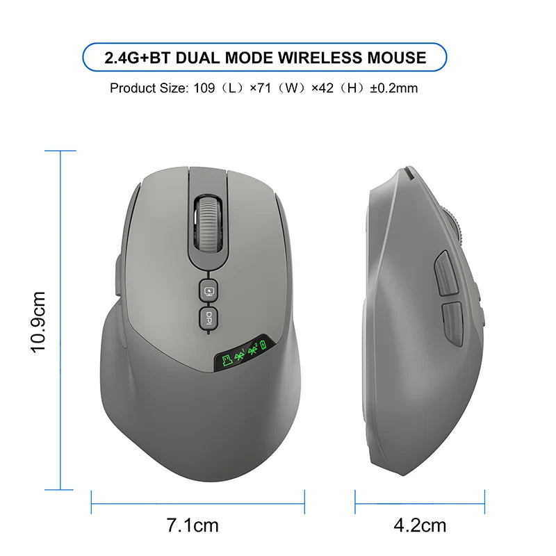 Noiseless T02 Dual Mode Wireless Mouse Bluetooth 5.0 & 2.4G, Silent Click, Large Battery Rechargeable, Battery Display