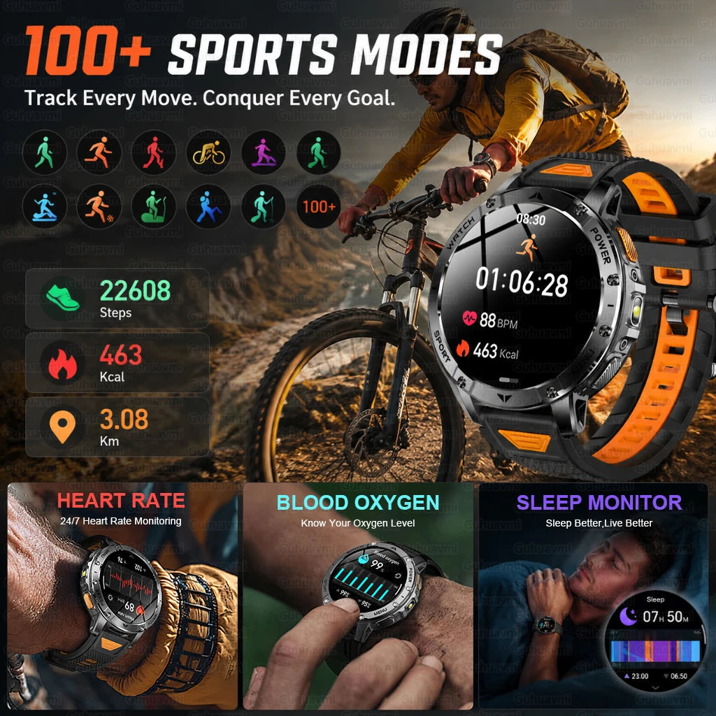 2026 New Military Outdoor Smart Watch Men 10ATM Waterproof Diving Heart Rate Monitor LED Flashlight Bluetooth Call Fitness Watch