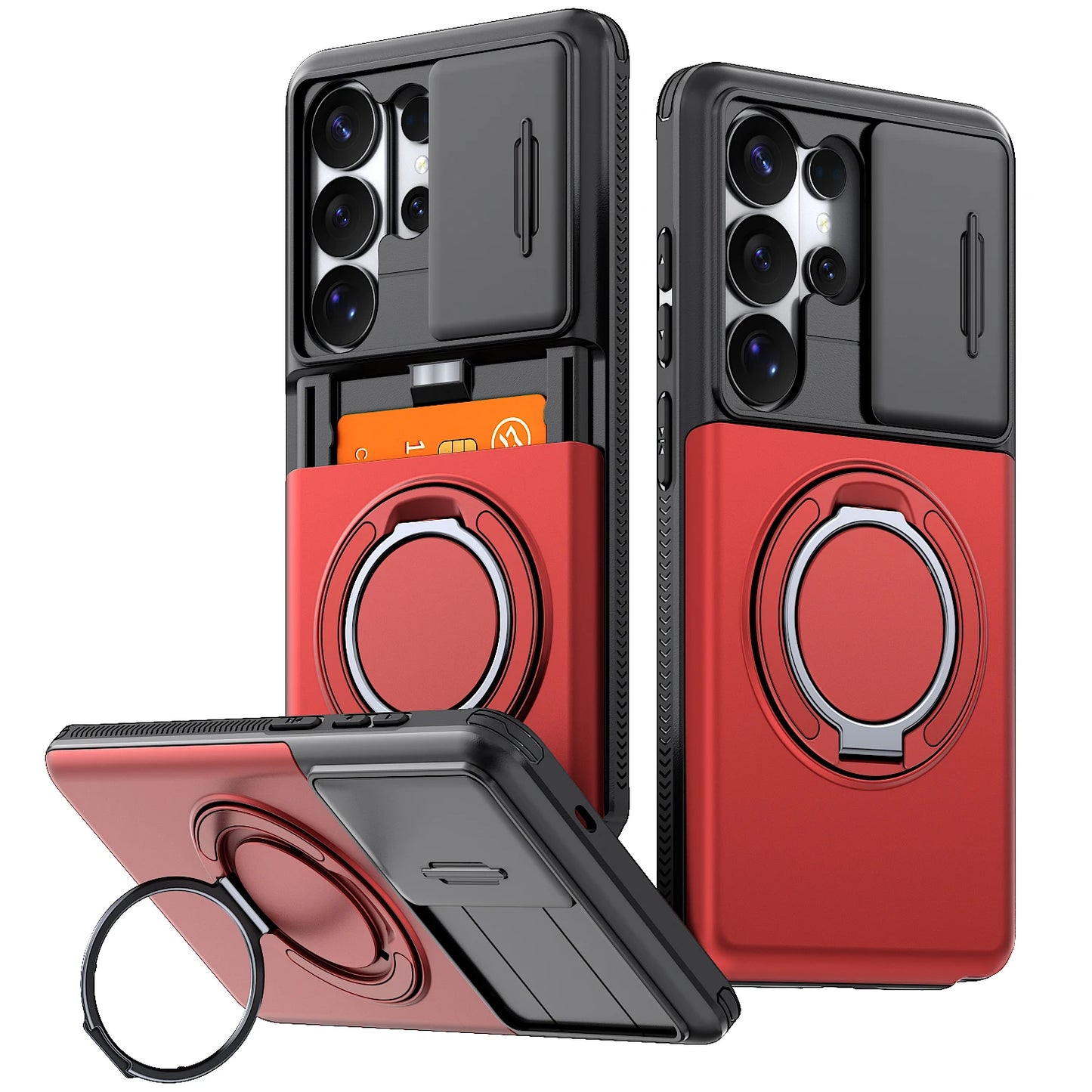 Armor Case For Samsung Galaxy S26 S25 S24 S23 S22 Ultra Plus S25FE S24FE Slide Camera Protect Ring Holder With Card Cover Funda