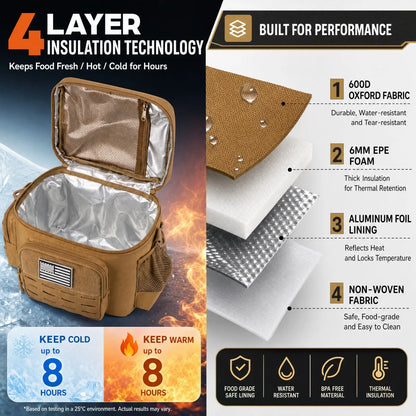 13L Tactical Thermal Cooler Lunch Bag Leakproof Insulated Durable Meal Storage Bag For Men Office Work Daily Commute Camping Picnic Fishing Outdoor Portable Insulated Food Carrier Bag