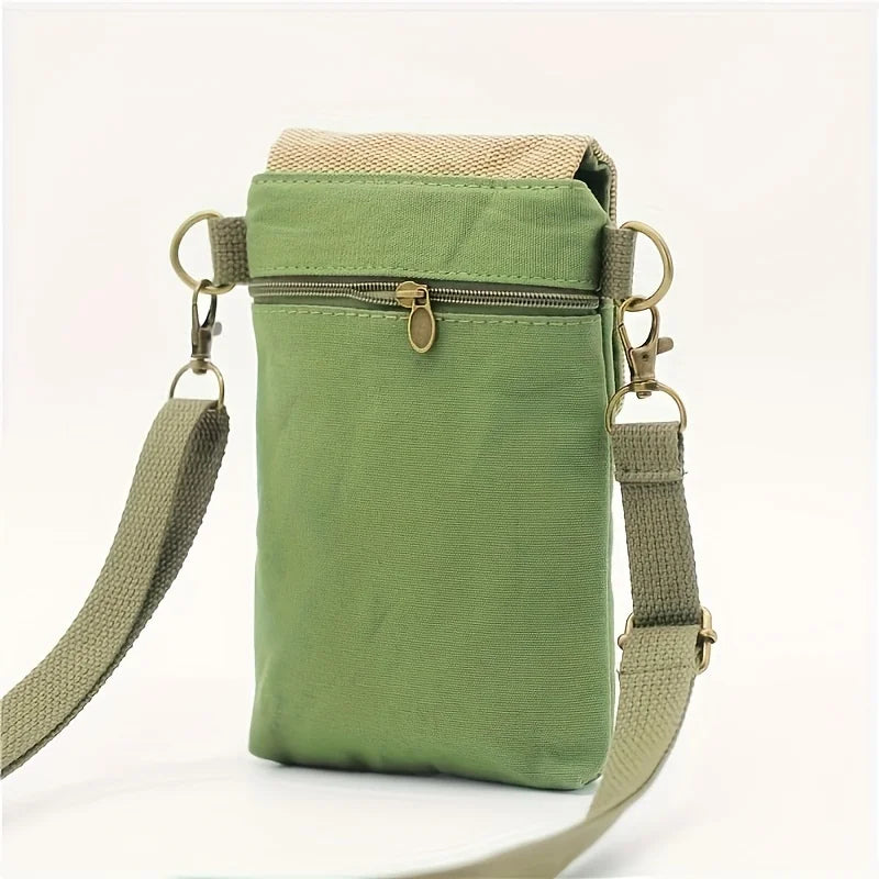 Solid Color Canvas 3 Layer Crossbody Cell Phone Bag Simple Cloth Women's Bag Fashion Satchel Shoulder Coin Purse