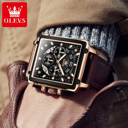 OLEVS 9919 Men Watch Original Brand Square Quartz Watch Waterproof Luminous Leather Strap Sport Clock Male Watch For Men