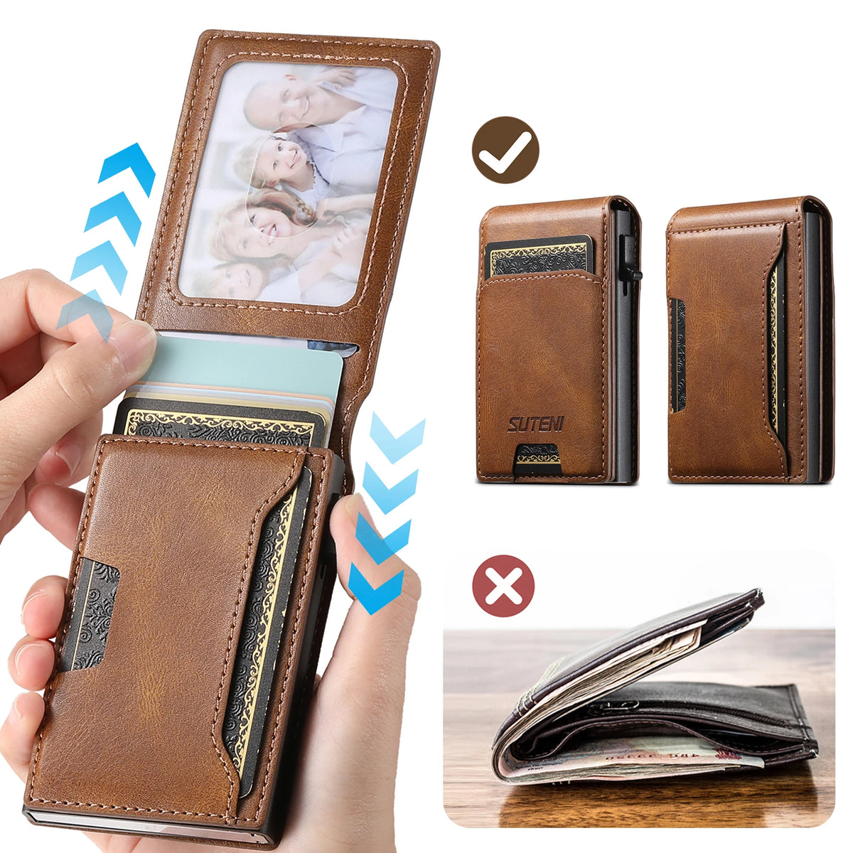 SUTENI PU Leather For Men Wallet Card Slot Wallet Flip Cover Card Box Pressing The Button Automatically Ejects The Card