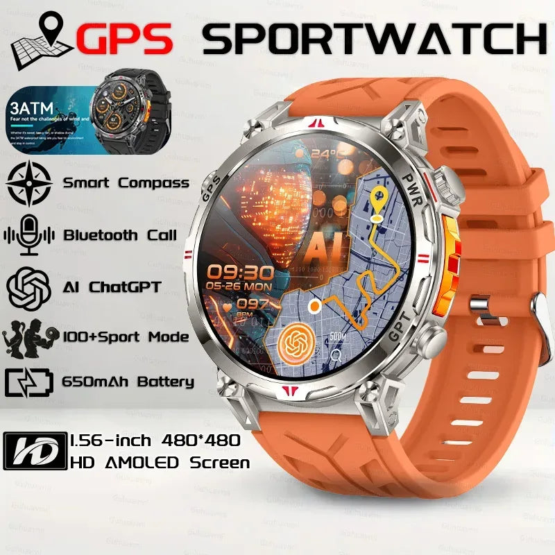Military Grade Smart Watch Men GPS Compass Altimeter Clock 1.56" AMOLED 5ATM Waterproof Sport Fitness Tracker BT Call Smartwatch - Urbizia
