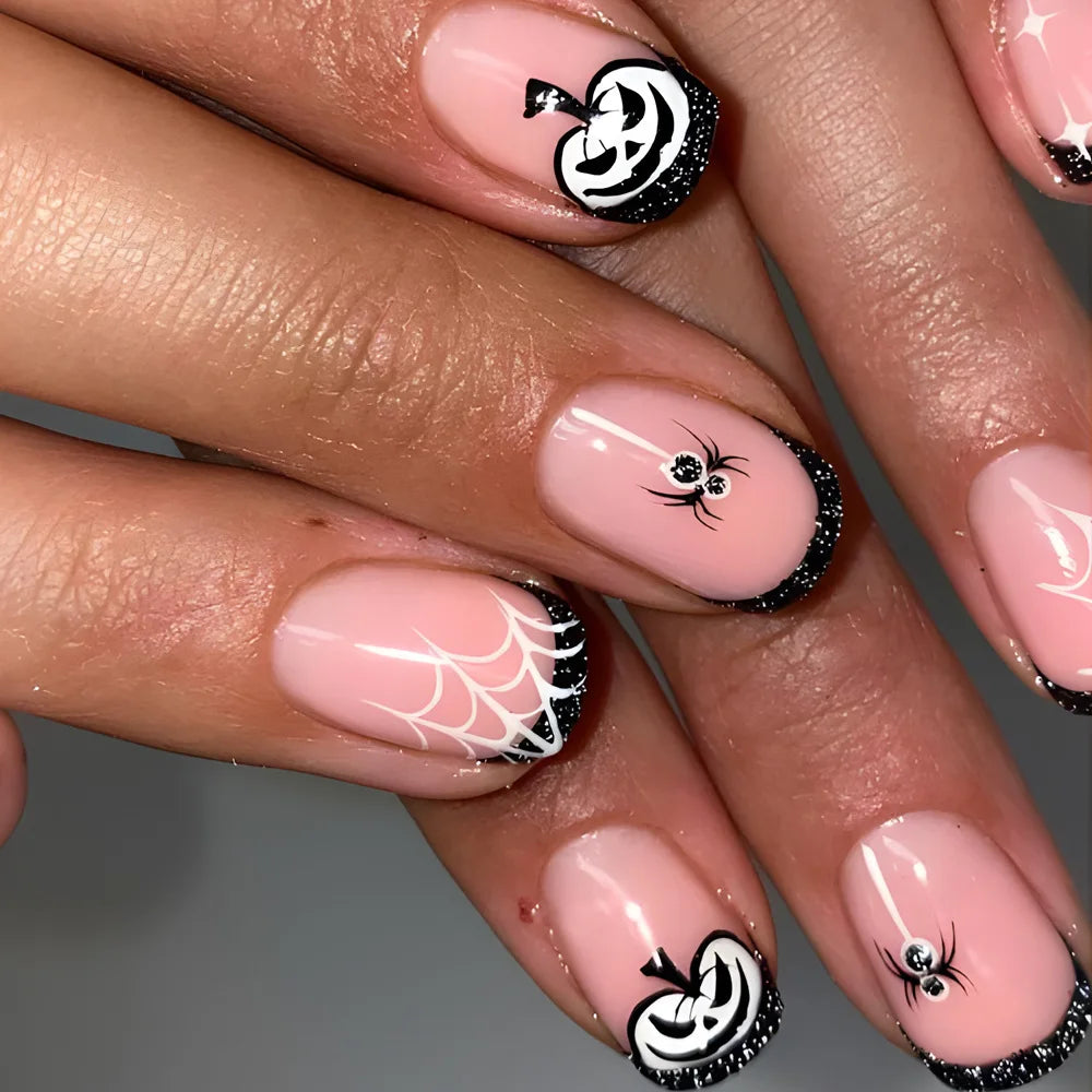 24Pcs Halloween Spider Print False Nails – Gothic Short Round Press-on Nail Tips for Women
