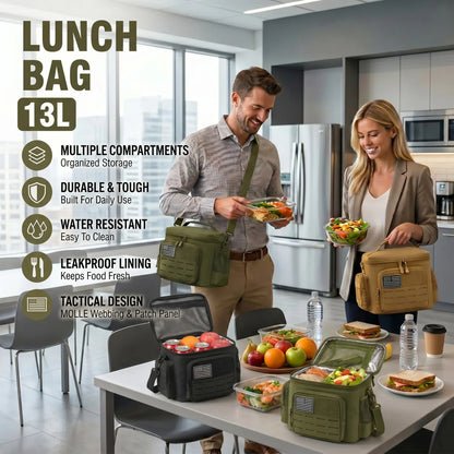 13L Tactical Thermal Cooler Lunch Bag Leakproof Insulated Durable Meal Storage Bag For Men Office Work Daily Commute Camping Picnic Fishing Outdoor Portable Insulated Food Carrier Bag