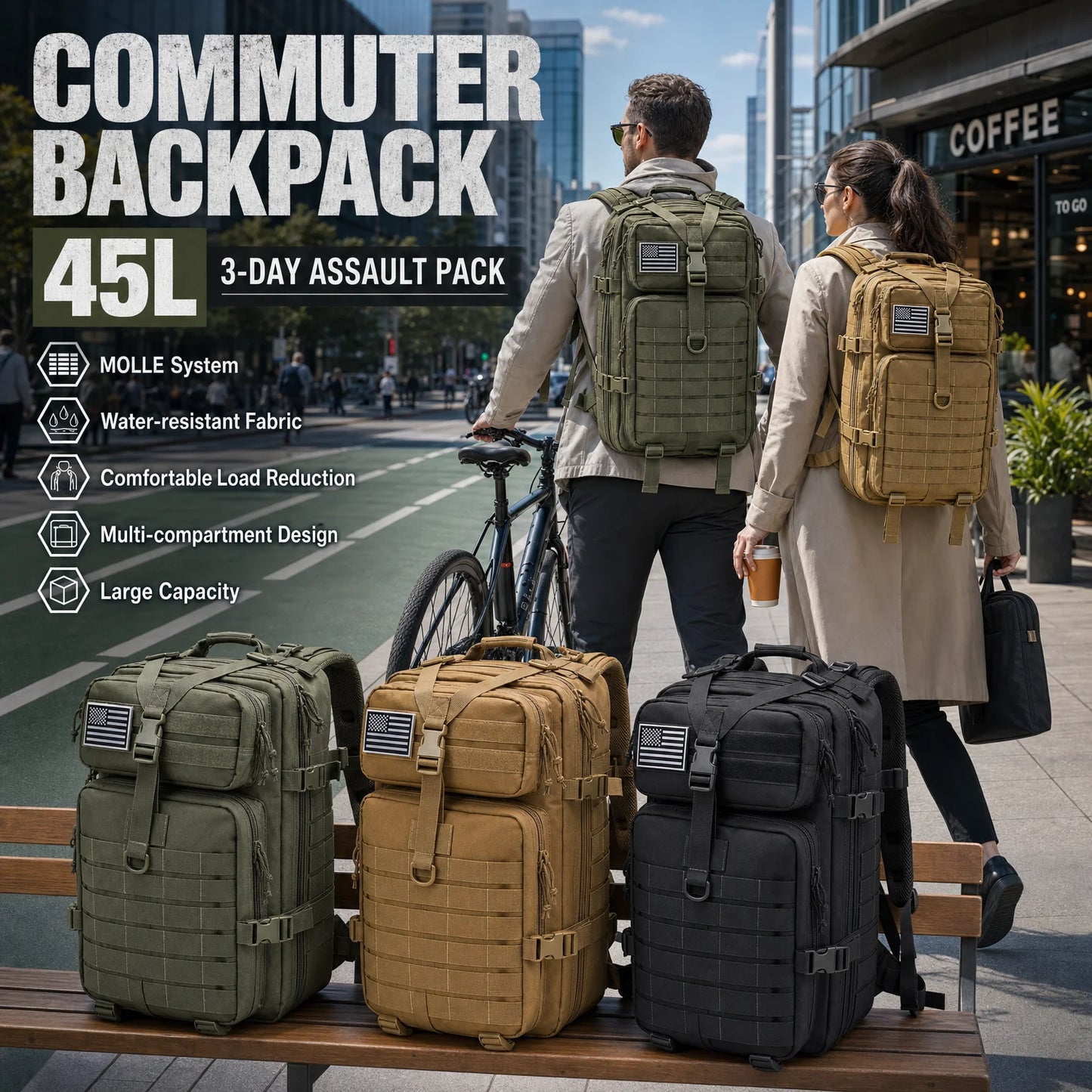 Men 45L Tactical Backpack Molle Bug Out Bag Survival Emergency Water Resistant Outdoor Hiking Camping Travel Rucksack Large Capacity EDC Everyday Carry Commuter Work School Laptop Daypack Trekking Cycling Durable Wear Resista