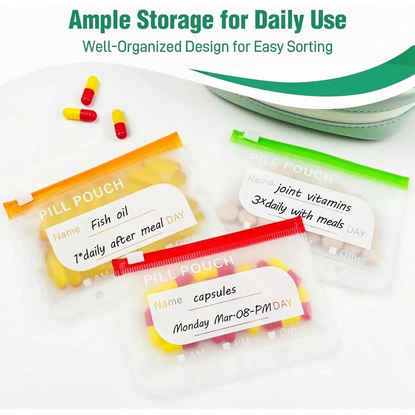 Waterproof Zipper Medicine Pouches Set, 14 Color Designs Weekly Organizer For Daily Supplement Storage