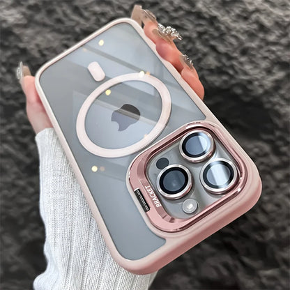 Phone Case - A Simple Magnetic Metal Frame Lens Protective Film/Stand Three-In-One Phone Case, Compatible with iPhone 18/17/16/15/14/13/12 Pro/Pro Max/Air/Plus，and For Samsung Galaxy S22/S23+/S24 FE/S25 Plus/S26 Ultra Sleek