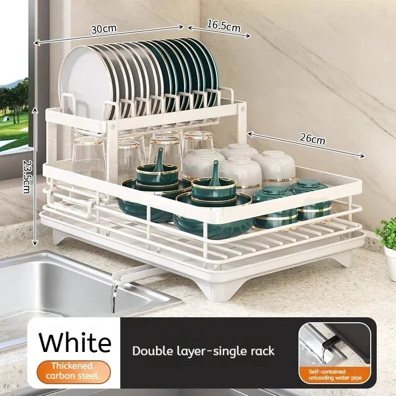 2-Tier Adjustable Steel Kitchen Dish Drying Rack with Drain Tray