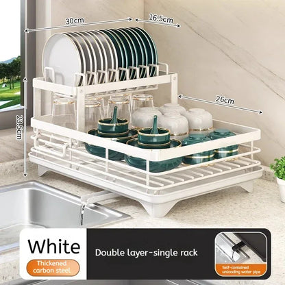 2-Tier Adjustable Steel Kitchen Dish Drying Rack with Drain Tray