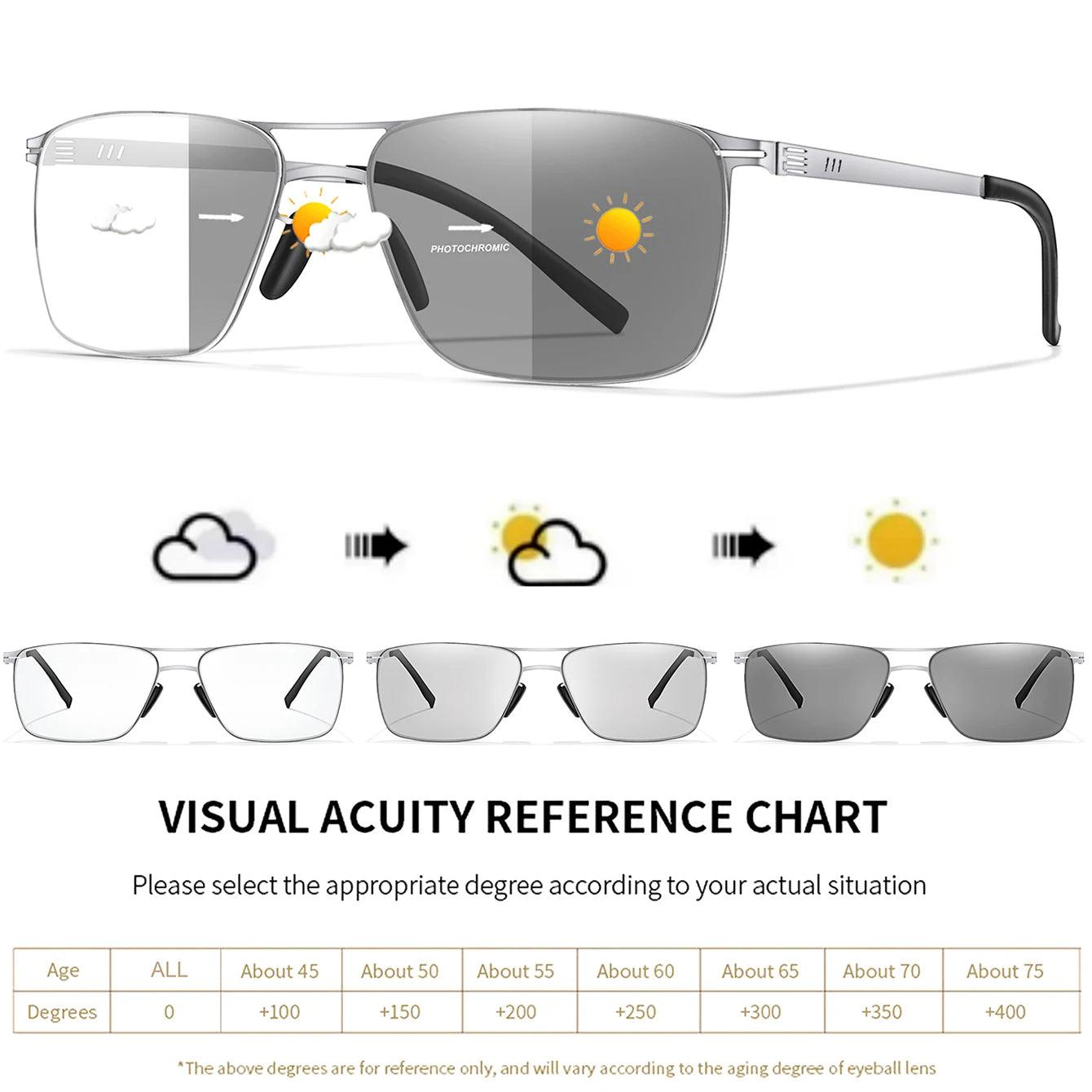 Metal Anti-Blue Light Photochromic Reading glasses Rectangular Eyewear Frame Presbyopic Unisex Surf Internet Read magazines